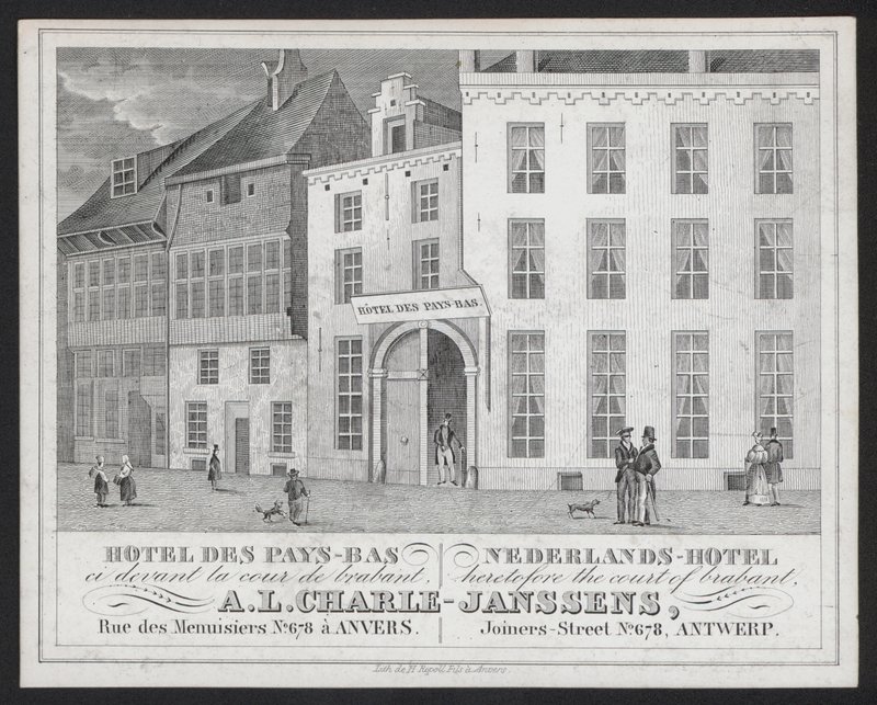 Hotel Des Pays Bas, Nederlands Hotel, A L Charle-Janssens, Antwerpen, Antwerpen (metszet) alkotó: European School