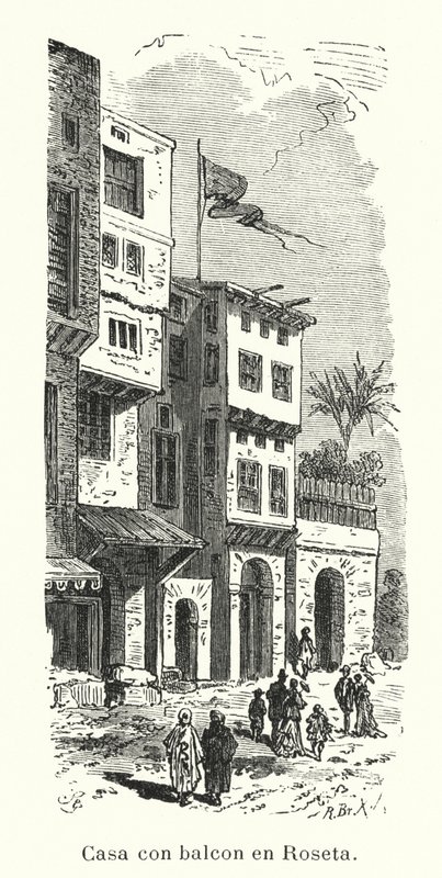 Erkélyes ház Rosettában, Egyiptomban (litho) alkotó: European School