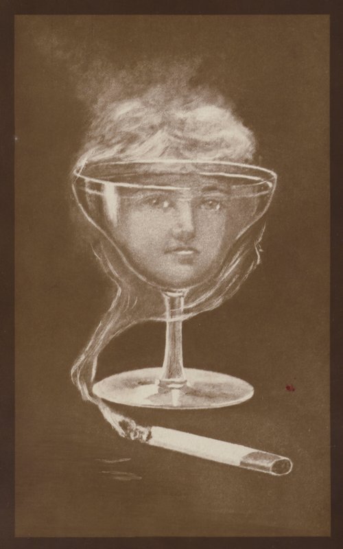 Női arc képe, amelyet egy borospohár és cigarettafüst alkot, 1917 körüli (litográfia) alkotó: European School