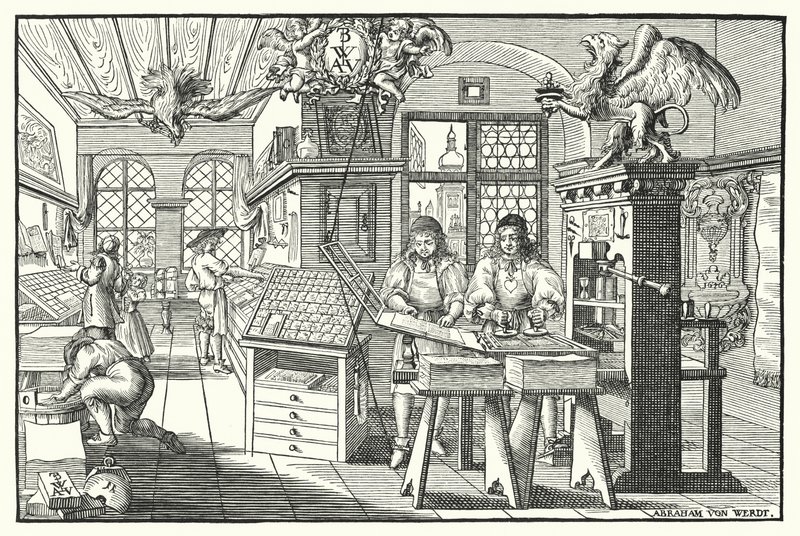 Könyvnyomtató műhely belseje, c1676 (metszet) alkotó: European School