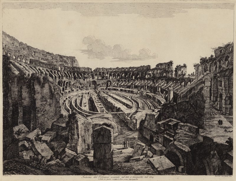 Az 1813-ban feltárt és 1814-ben megnyitott római Colosseum belseje (metszet) alkotó: European School