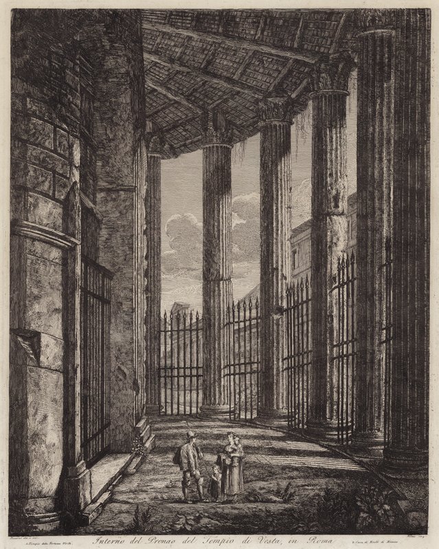 A Vesta-templom oszlopcsarnokának belseje, Róma, Olaszország (metszet) alkotó: European School