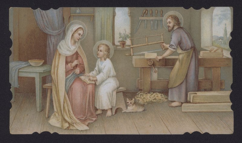 Jézus Krisztus fiúként édesanyjával, Máriával József asztalosműhelyében (chromolitho) alkotó: European School