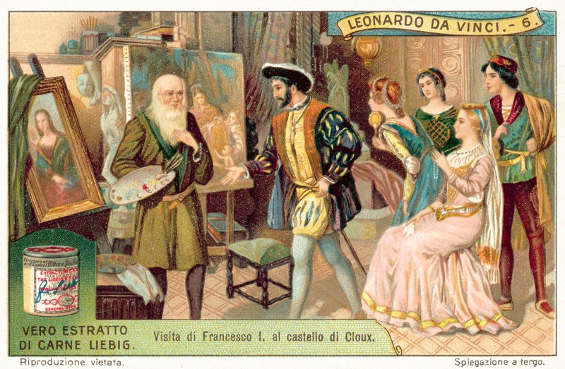 I. Ferenc francia király meglátogatja Leonardo da Vincit Clos Luce-ban (chromolitho) alkotó: European School