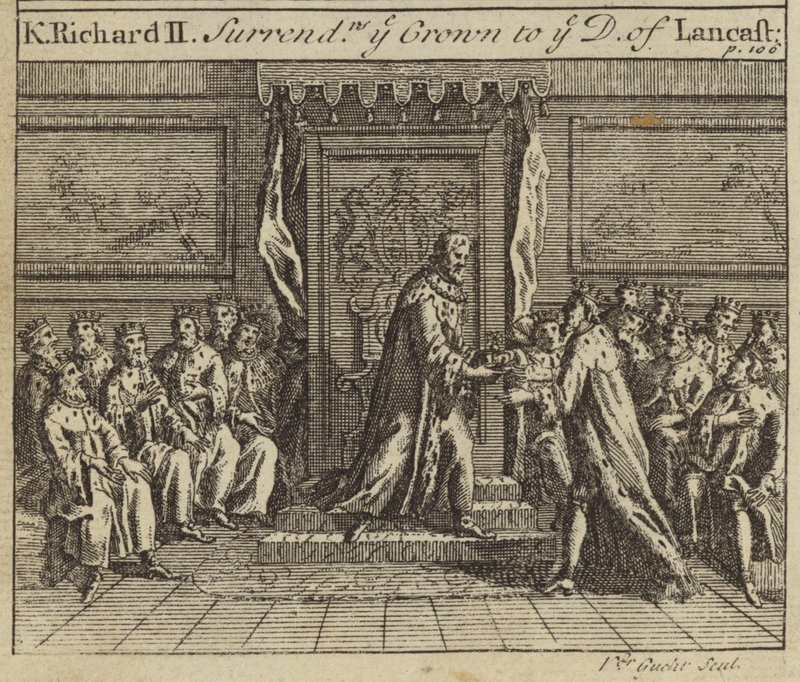 II. Richárd király átadja Anglia koronáját Henry Bolingbroke-nak, Lancaster hercegének, 1399 alkotó: European School