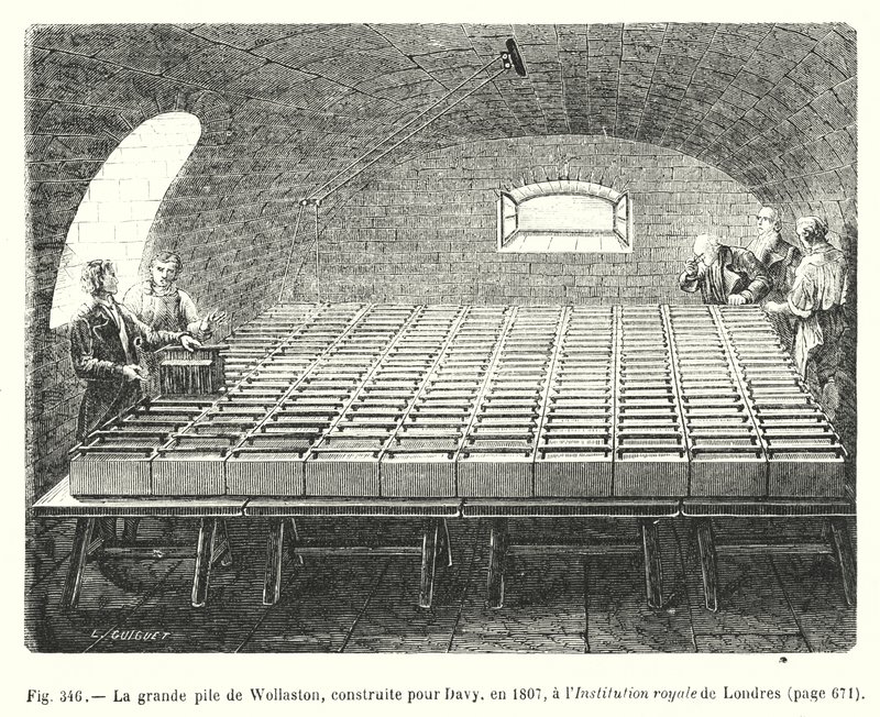 A wollastoni nagy móló, amelyet Davy számára építettek 1807-ben, a londoni királyi intézményben (metszet) alkotó: European School