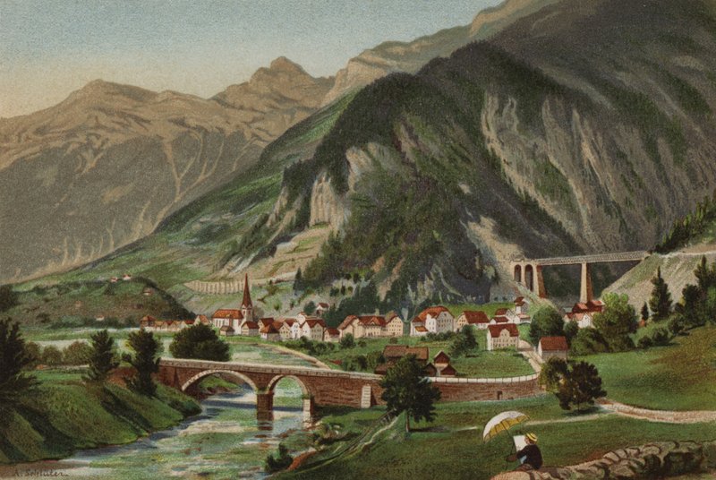 Luzerni-tó: Amsteg (színes litográfia) alkotó: European School