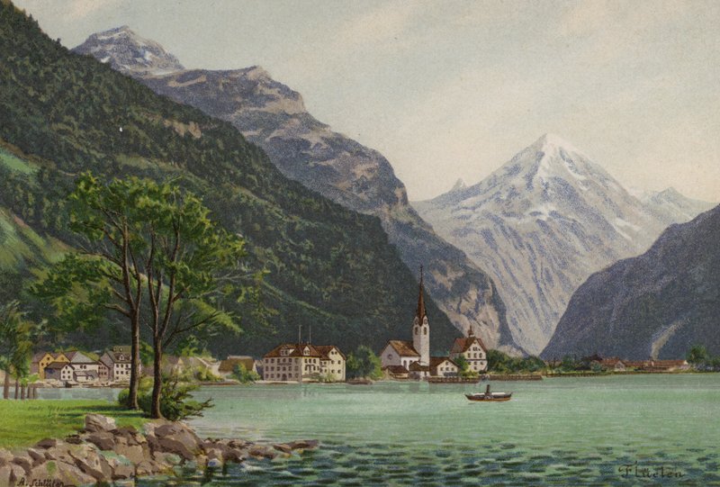 Luzerni-tó: Fluelen (színes litográfia) alkotó: European School