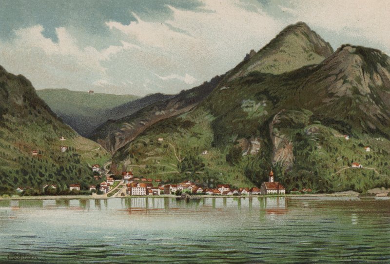 Luzerni-tó: Gersau (színes litográfia) alkotó: European School
