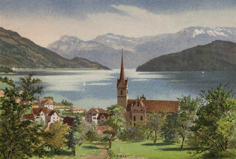 Luzerni-tó: Weggis (színes litográfia) alkotó: European School