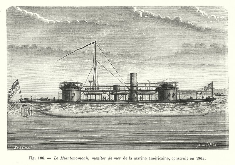 A Miantonomoah, az Egyesült Államok haditengerészetének tengeri monitora, 1865-ben épült (metszet) alkotó: European School