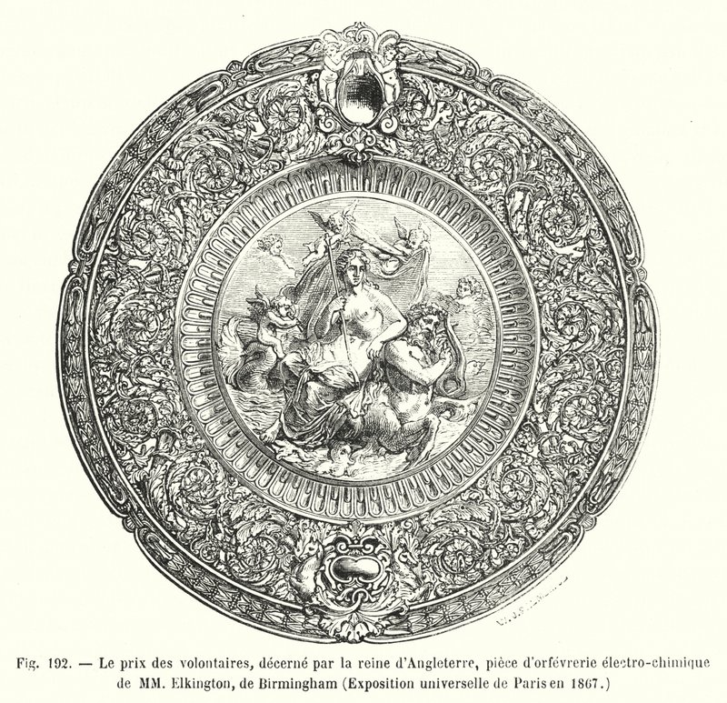 Az angol királynő által odaítélt önkéntesek díja, MM Elkington elektrokémiai ötvösműve, birminghami egyetemes kiállítás, 1867-ben Párizsban (metszet) alkotó: European School