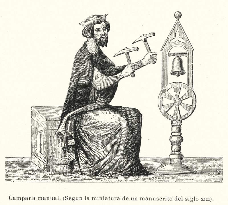 Férfi harangot csengető kézzel kalapáccsal (litho) alkotó: European School
