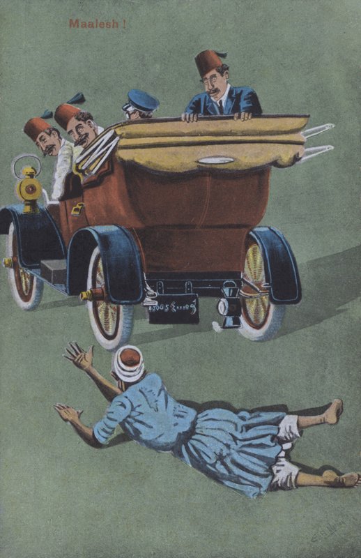 Sofőr által vezetett autó elgázolt férfi (színes litho) alkotó: European School