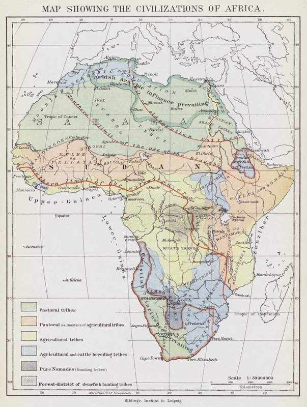 Afrika civilizációit bemutató térkép (színes litográfia) alkotó: European School