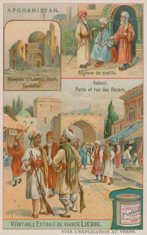 Ahmad Shah Durrani mauzóleuma Kandahárban, gazdag afgánok és kilátás a kabuli kapura és bazárokra alkotó: European School