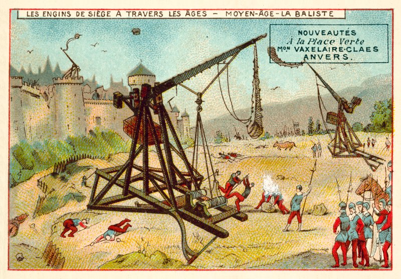 Középkori trebuchet (chromolitho) alkotó: European School