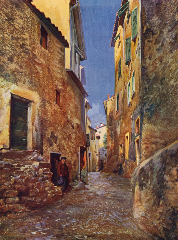 Menton, Rue dans la Vieille Ville (színes litográfia) alkotó: European School