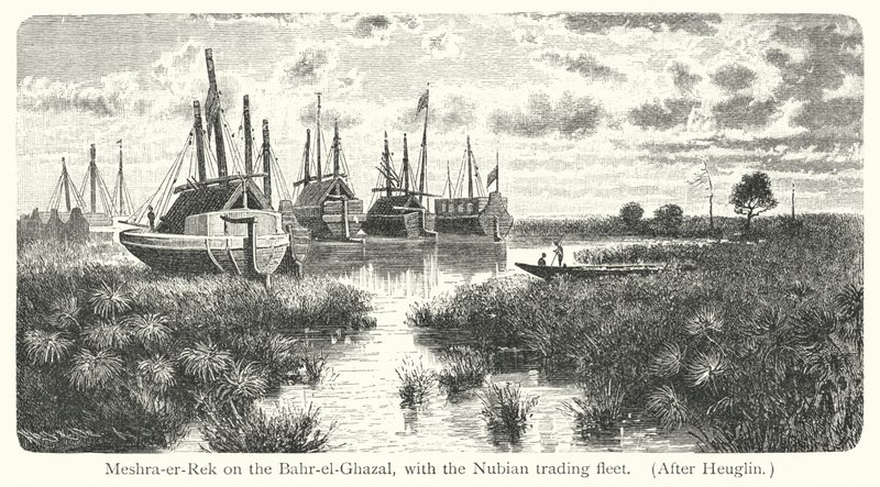 Meshra-er-Rek a Bahr-el-Ghazalon, a núbiai kereskedelmi flottával (metszet) alkotó: European School