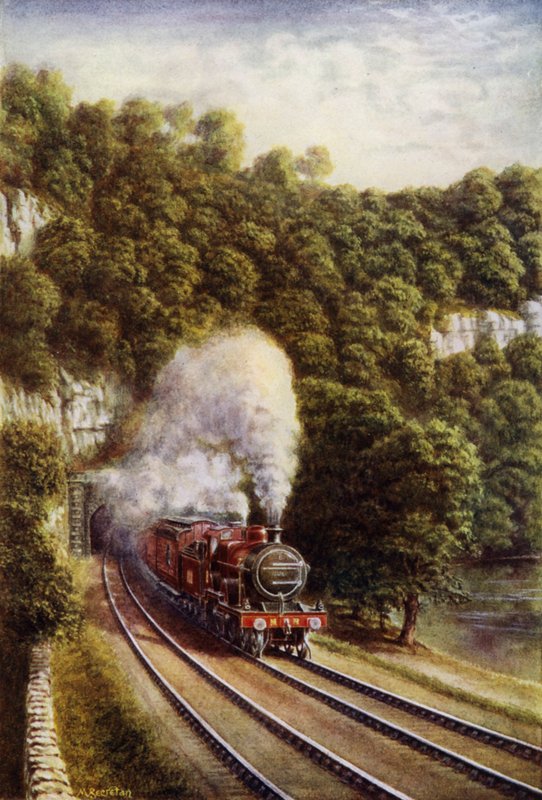 Midland Scotch gyorsvonat a Midland Railway-n, a Yorkshire Dales-en keresztül (színes litho) alkotó: European School