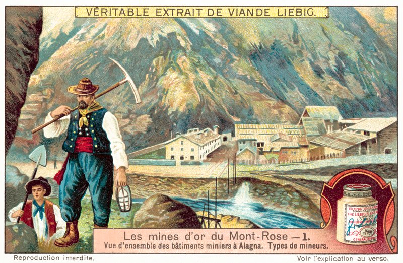 Bányászok és bányaépületek a Monte Rosa aranybányában, Olaszország (chromolitho) alkotó: European School