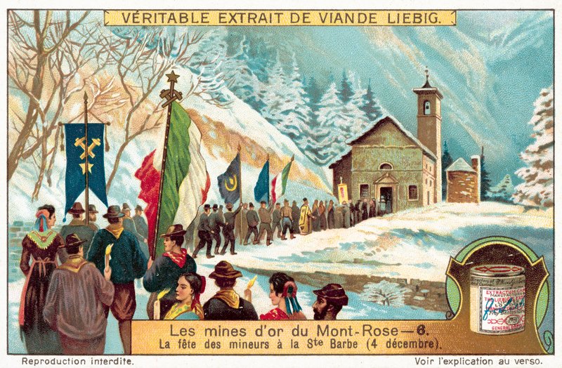 A Monte Rosa aranybányák bányászai Szent Borbála, a bányászok védőszentjének (chromolitho) ünnepét ünneplik alkotó: European School