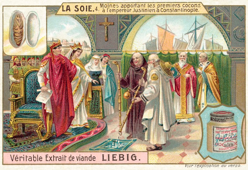 Szerzetesek hozzák az első selyemgubókat Justinianus császárnak Konstantinápolyban (chromolitho) alkotó: European School
