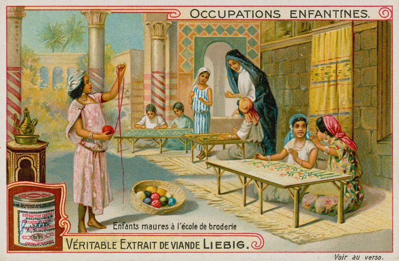 Mór gyerekek egy hímzőiskolában dolgoznak (chromolitho) alkotó: European School