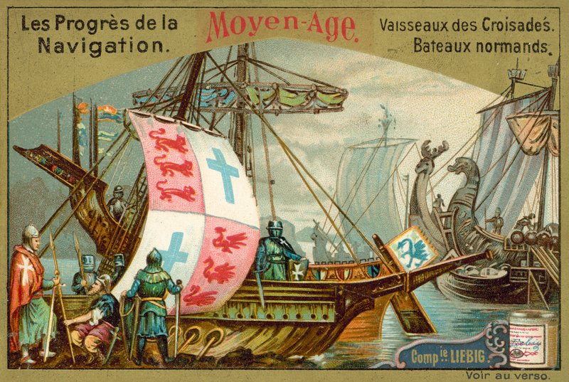 A középkori normann és keresztes hajók (chromolitho) alkotó: European School