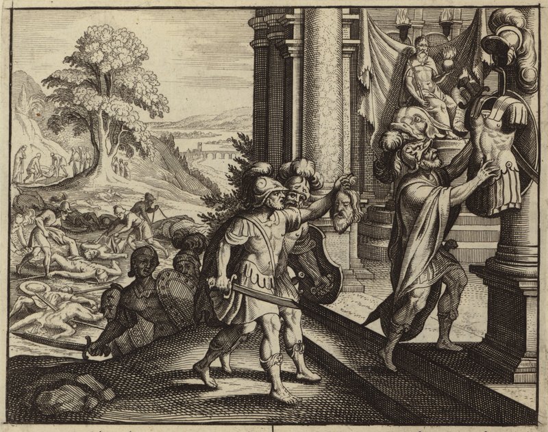 A filiszteusok Saul fejét Dagon istenük templomába teszik (metszet) alkotó: European School