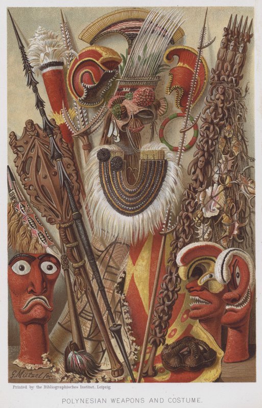 Polinéz fegyverek és jelmezek (chromolitho) alkotó: European School
