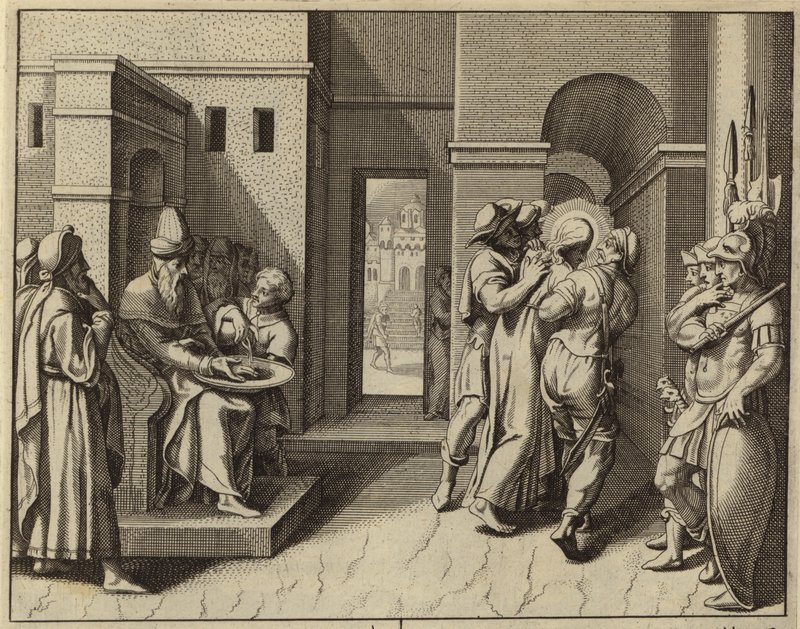 Poncius Pilátus kezet mosott, miután Jézus Krisztust halálra ítélték (metszet) alkotó: European School