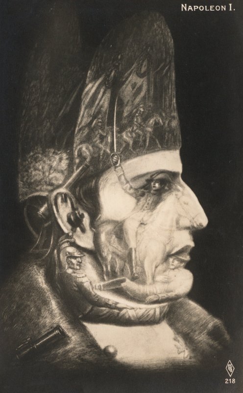 Bonaparte Napóleon portréja, arcára és kalapjára csatáinak jelenetei rajzolva (litográfia) alkotó: European School