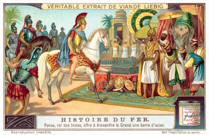 Porus, a pauravák királya egy acélrudat (chromolitho) kínál Nagy Sándornak alkotó: European School