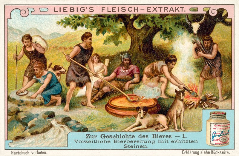 Őskori sörgyártás fűtött kövekkel (chromolitho) alkotó: European School