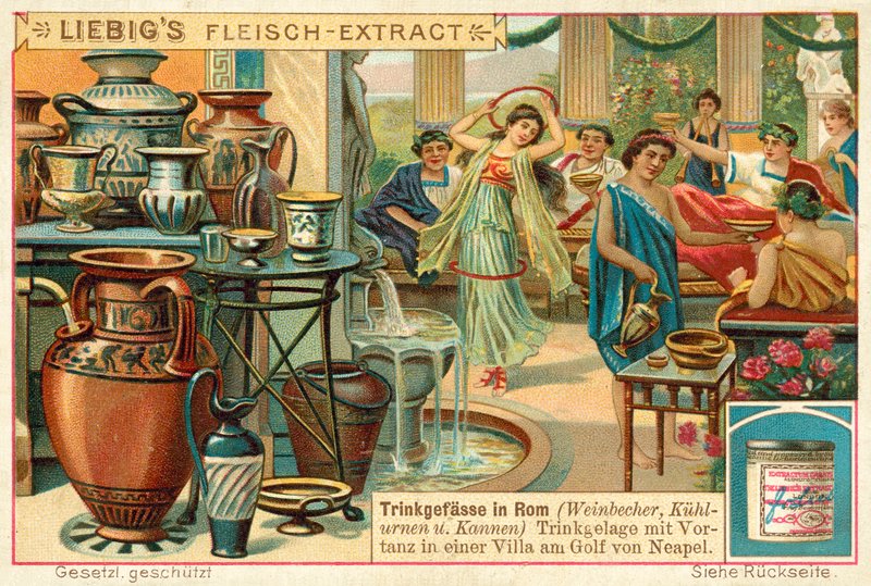 Rómaiak isznak és táncolnak egy villában a Nápolyi-öbölnél (chromolitho) alkotó: European School