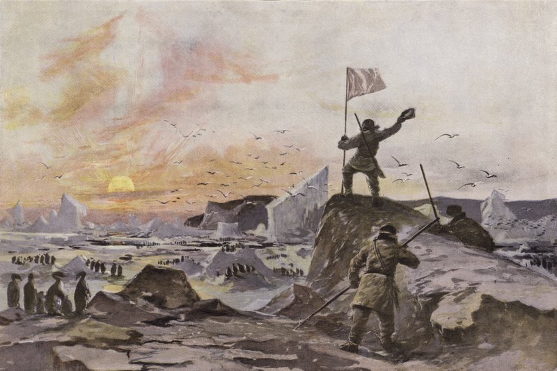 Thomas Simpson skót felfedező felfedezi Victoria-földjét a kanadai sarkvidéken, 1838. szeptember (színes litho) alkotó: European School