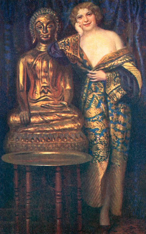 Félmeztelen, köntösbe öltözött nő egy arany Buddha-szobor mellett (színes litográfia) alkotó: European School
