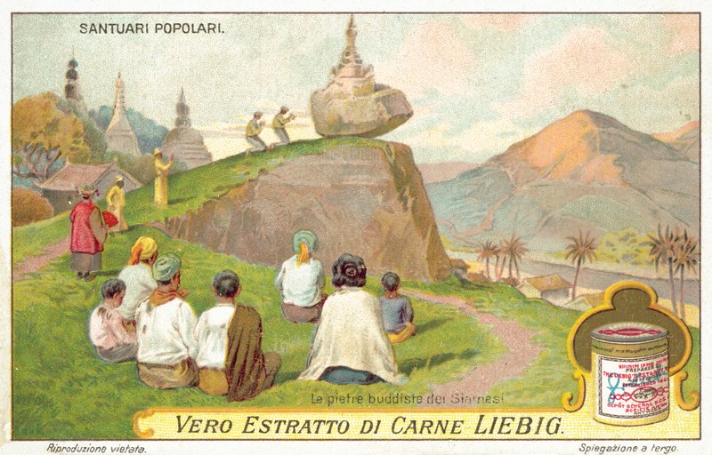 Sziámi buddhisták egy egyensúlyozó sziklaszentélyben (chromolitho) hódolnak alkotó: European School