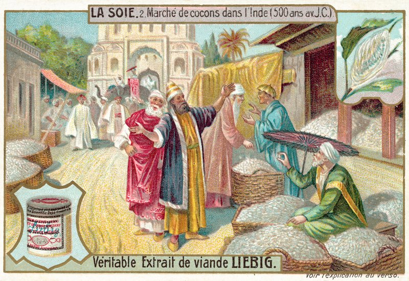 Selyemgubó piac Indiában, Kr.e. 500 (chromolitho) alkotó: European School