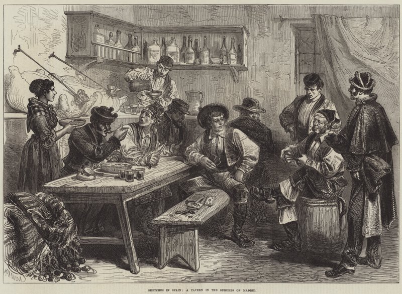 Vázlatok Spanyolországban, egy taverna Madrid külvárosában (metszet) alkotó: European School