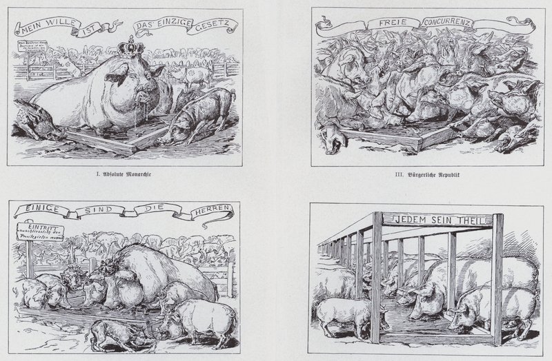 1895-ös szocialista karikatúra a különböző kormányformákról (litho) alkotó: European School
