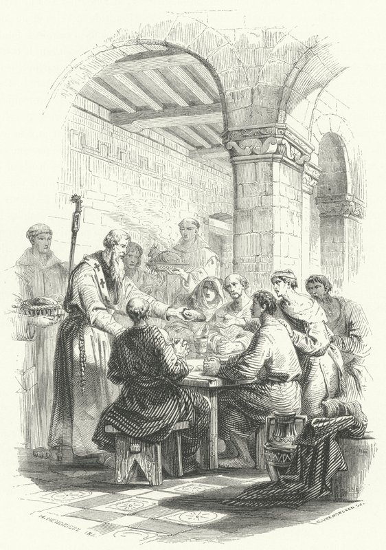 Szent Eligius ételt szolgál fel a szegényeknek (metszet) alkotó: European School