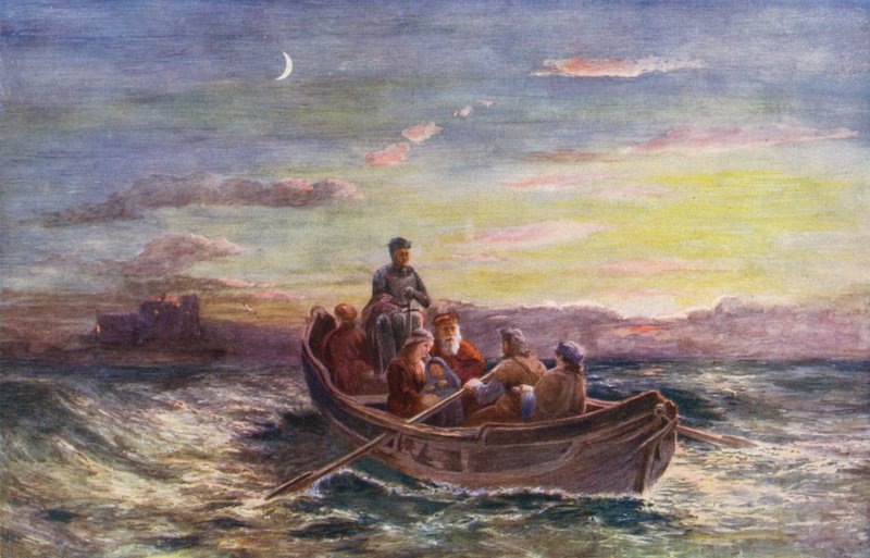 Mária, a skótok királynőjének menekülése a Loch Leven kastélyból (színes litográfia) alkotó: European School