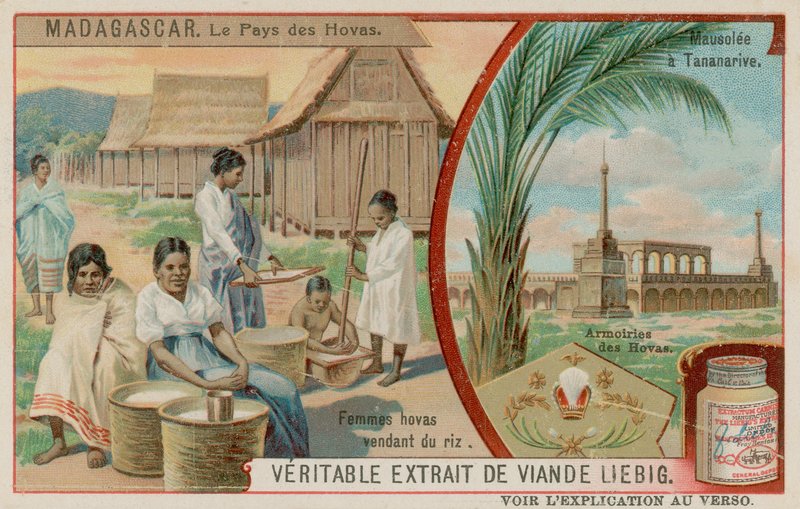Hova földje: rizst árusító nők, Antananarivo mauzóleuma és Hova címere alkotó: European School