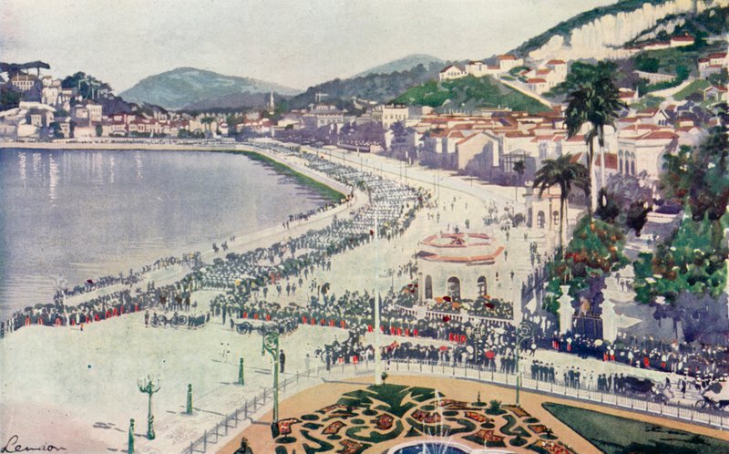 A Praia da Lapa és a Praca da Gloria, pillantás a november 15-i katonai parádéra, a Brazil Köztársaság megalapításának évfordulójára (színes lithó) alkotó: European School