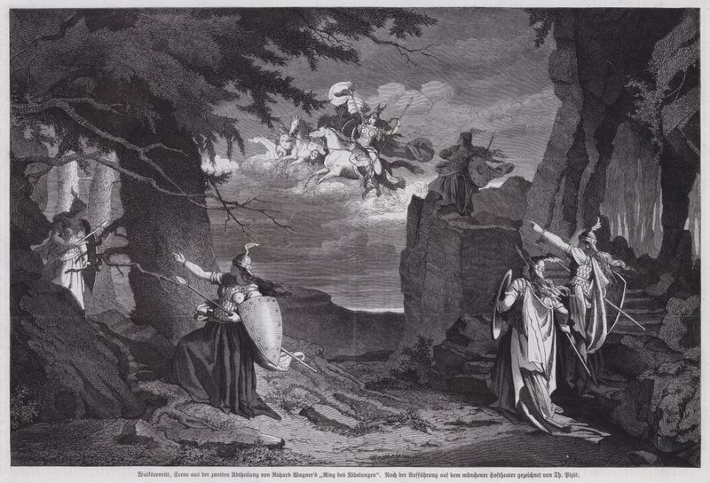 A valkűrök lovaglása, a Die Walkure jelenete, Richard Wagner Der Ring des Nibelungen című művének második operája a müncheni Nemzeti Színházban (metszet) alkotó: European School