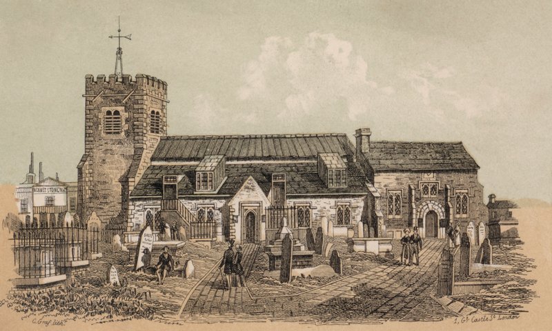 A plébániatemplom, Brighton, Sussex (színes lithó) alkotó: European School