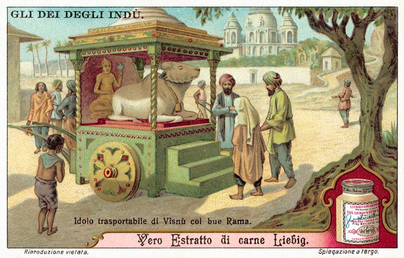 Visnu szállítható bálványa az ökör Rámával (chromolitho) alkotó: European School