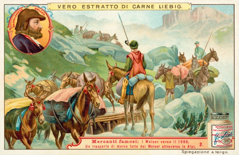Bartolomeus Welser által készített áruk szállítása az Alpokon keresztül (chromolitho) alkotó: European School